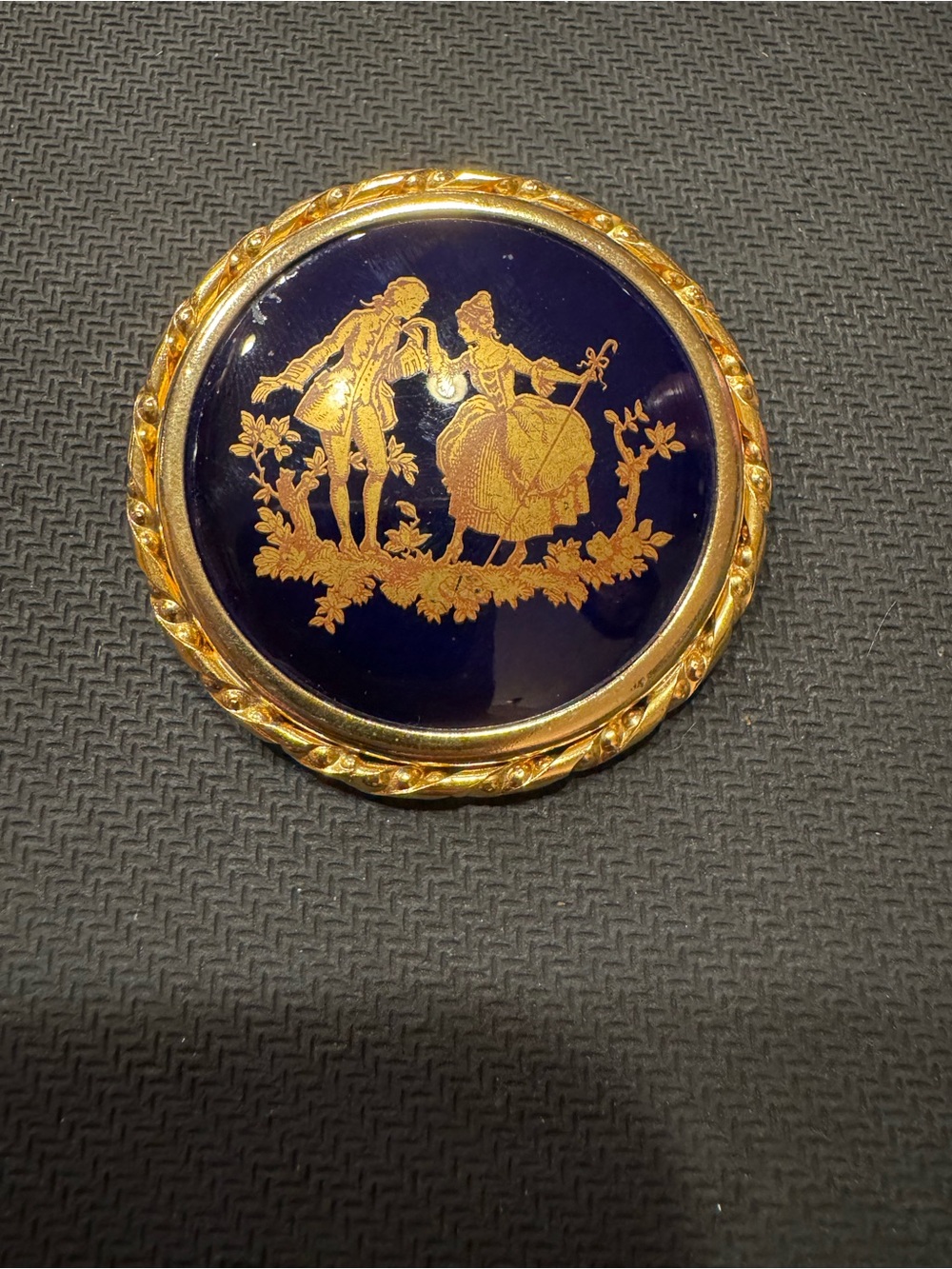 Vintage Limoges France Porcelain Gold Tone Cobalt Blue Brooch
